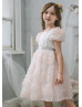 Short Sleeves Pink Dotted Tulle V Back Flower Girl Dress